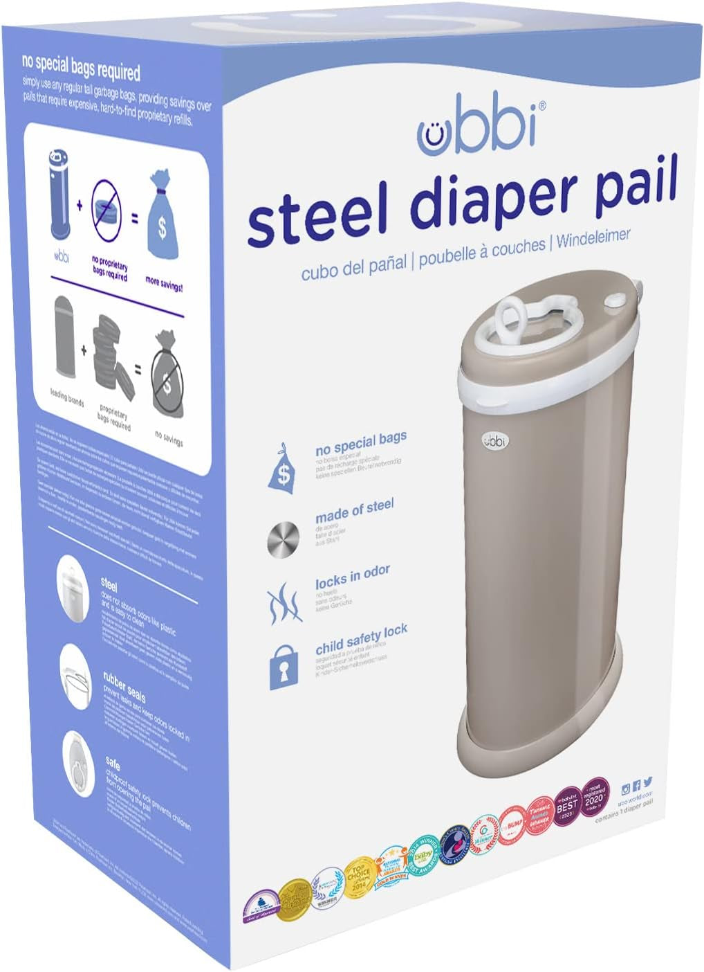 Steel Odor Locking, No Special Bag Required Money Saving, Awards-Winning, Modern Design Registry Must-Have Diaper Pail, Taupe