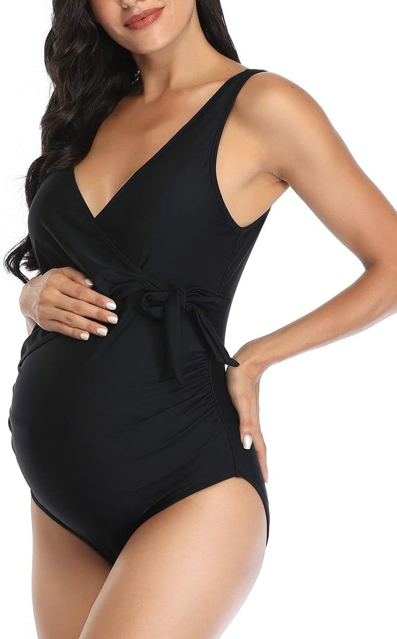 Maternity Swimsuit One Piece Tie Front Bathing Suit V Neck Pregnancy Swimwear High Cut