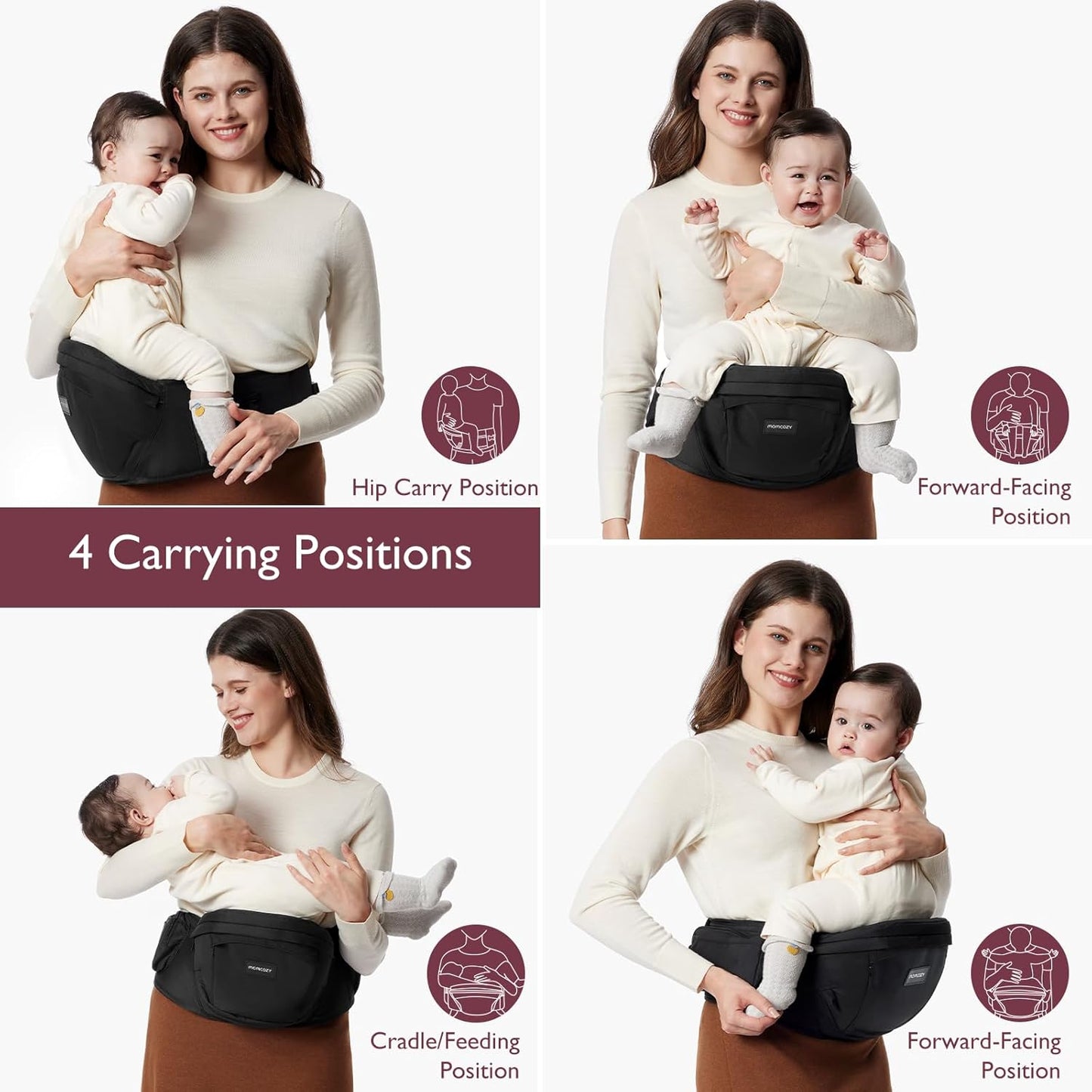 Cpc-Certified Baby Hip Carrier - Adjustable Waistband with Original 3D Belly Protector & Ergonomic EVA Massage Board, Various Pockets for Newborns to Toddlers up to 45Lbs (Black, Medium)