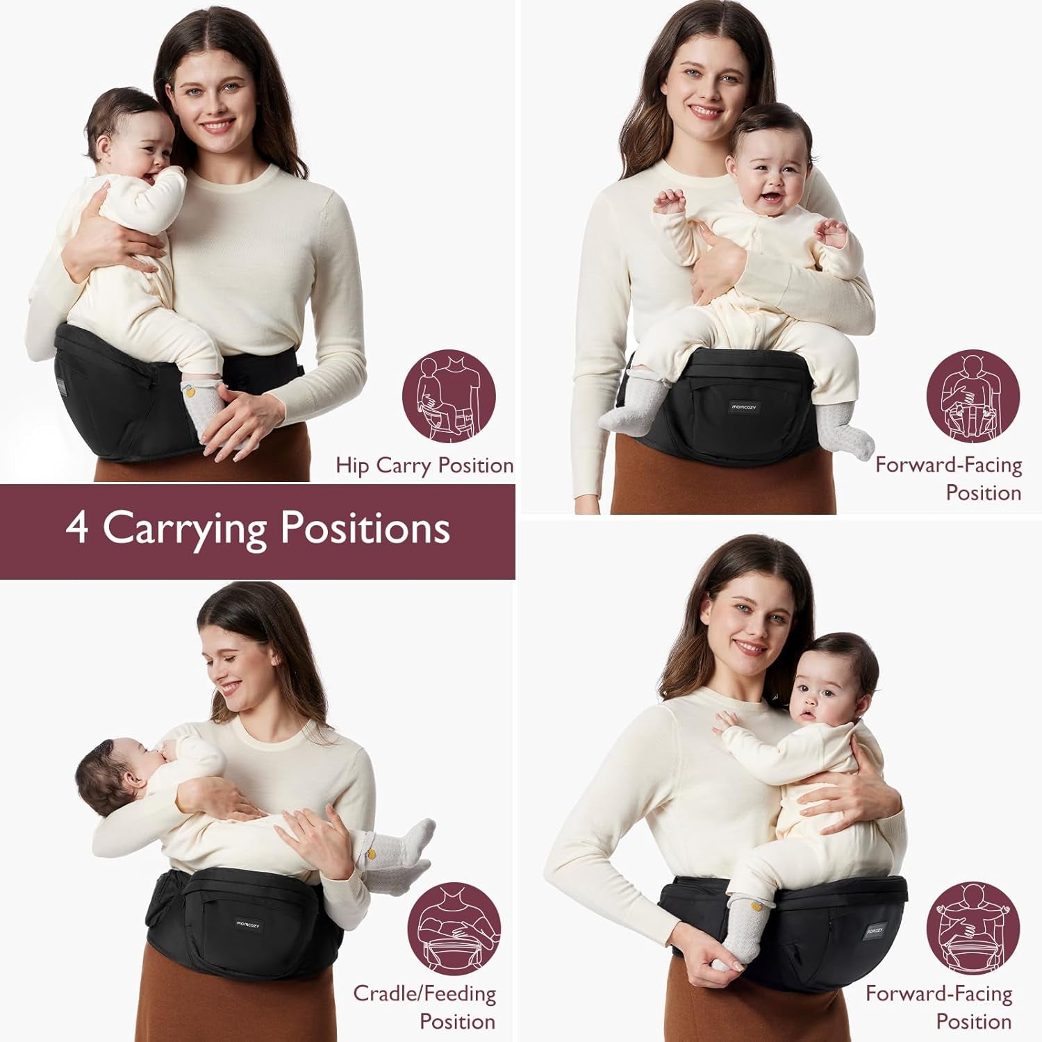 Cpc-Certified Baby Hip Carrier - Adjustable Waistband with Original 3D Belly Protector & Ergonomic EVA Massage Board, Various Pockets for Newborns to Toddlers up to 45Lbs (Black, Medium)