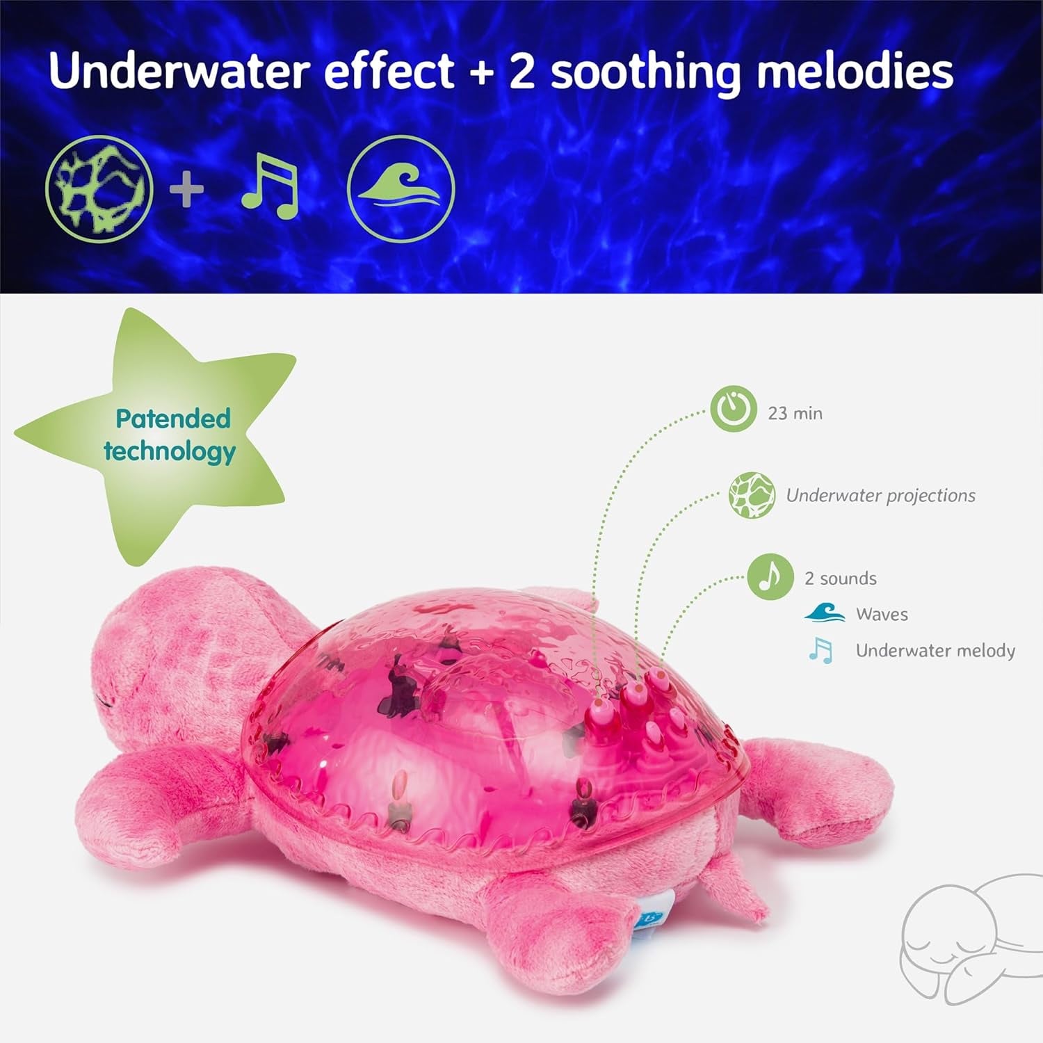 Ocean Projector Nightlight with White Noise Soothing Sounds | Adjustable Settings and Auto-Shutoff | Tranquil Turtle - Pink