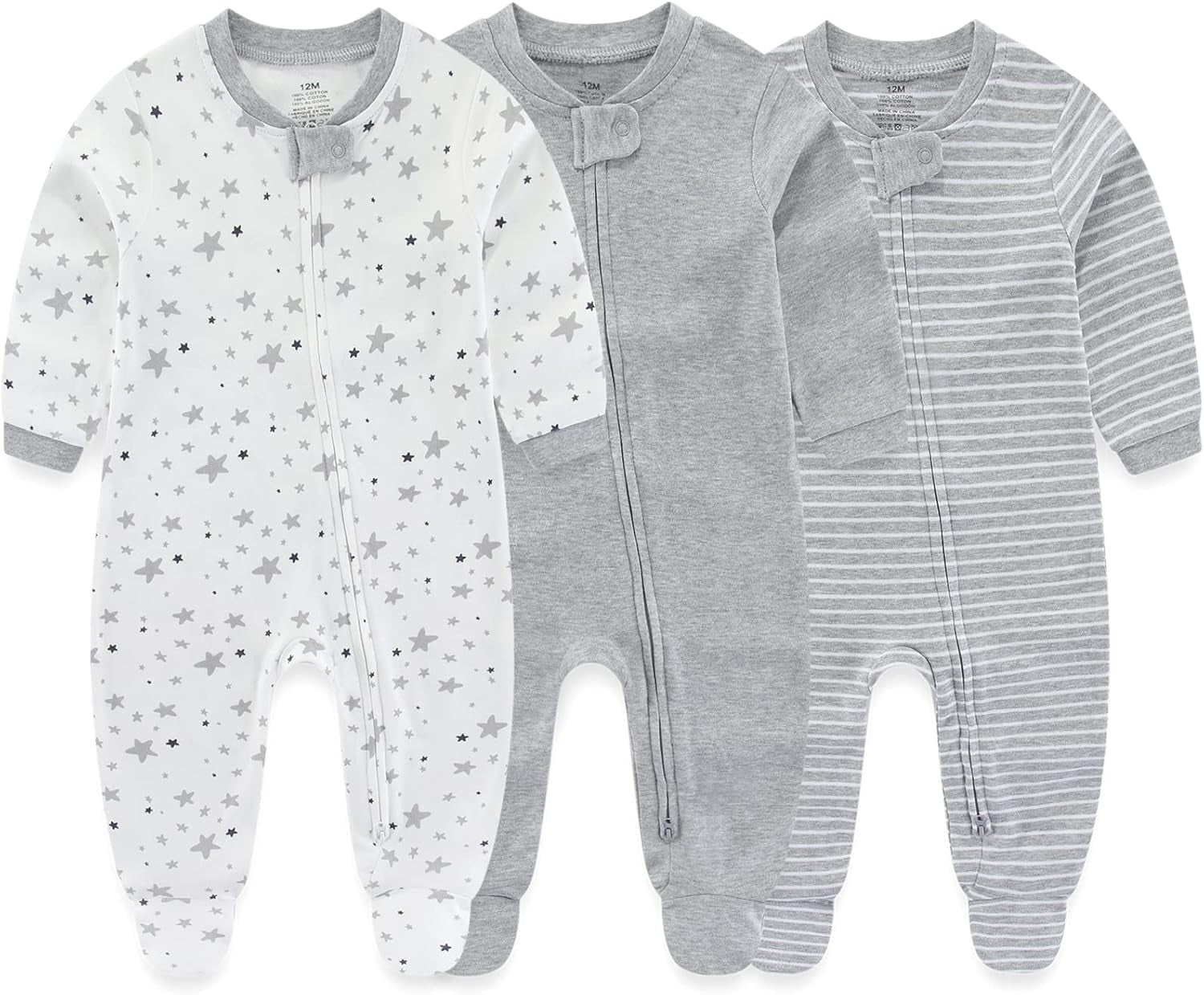 Baby Boy Girls Clothes 2-Way Zip Footed Bodysuit Long Sleeve 3-Pack Outfits 100% Cotton