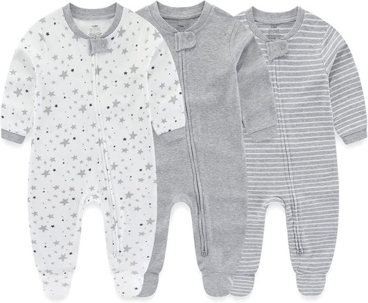 Baby Boy Girls Clothes 2-Way Zip Footed Bodysuit Long Sleeve 3-Pack Outfits 100% Cotton