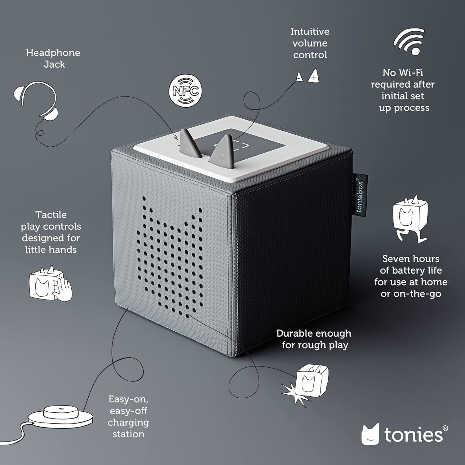 Toniebox Spidey and His Amazing Friends Starter Set with Spidey, Ghost-Spider, Spin, Black Panther, and Playtime Puppy - Includes Toniebox Audio Player - Gray