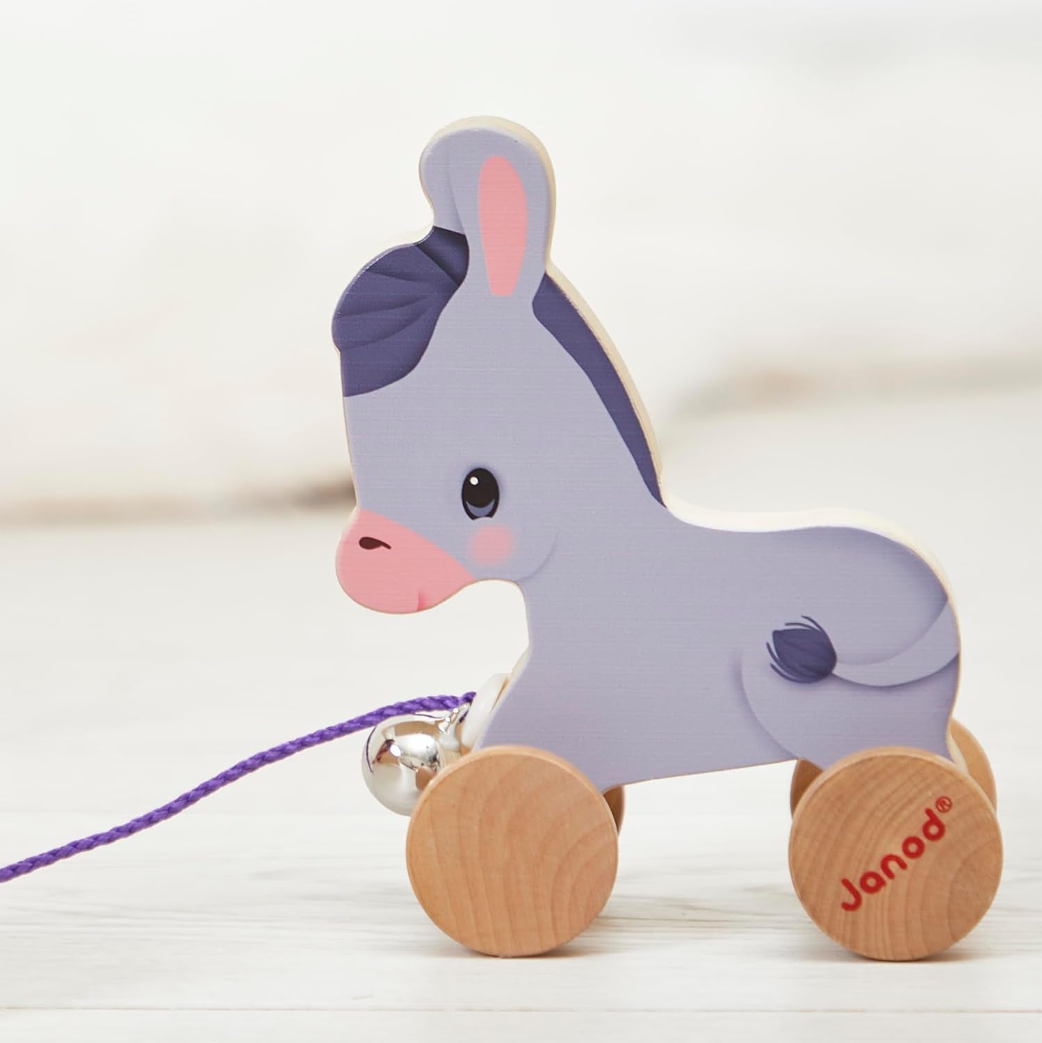 Wooden Donkey with Bell Learning Toy for Pulling and Pushing Motor Skills and Imagination 50 Cm Cord for Small Hands Fsc-Certified from 12 Months J03323