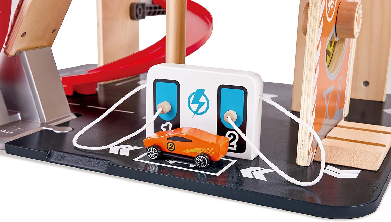 Gearhead Stunt Garage Kids Wooden Toy Car Parking Garage Playset W/ Elevator and 2 Exit Tracks, Detachable Loop, Includes 2 Wooden Toy Racecars