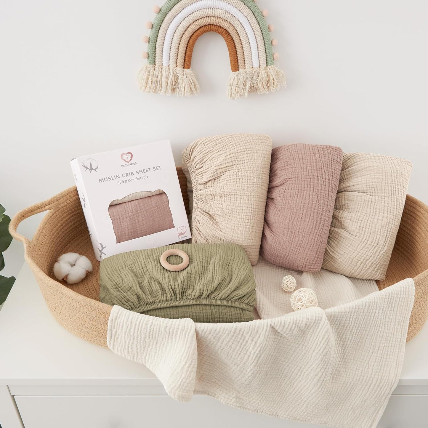 Muslin Crib Sheets 100% Cotton Baby Crib Sheets Fitted for Standard Crib Mattress & Toddler Bed Mattress 52"X28" Soft Breathable Crib Sheet Neutral for Boys Girls - 2 Pack (Baby Face)