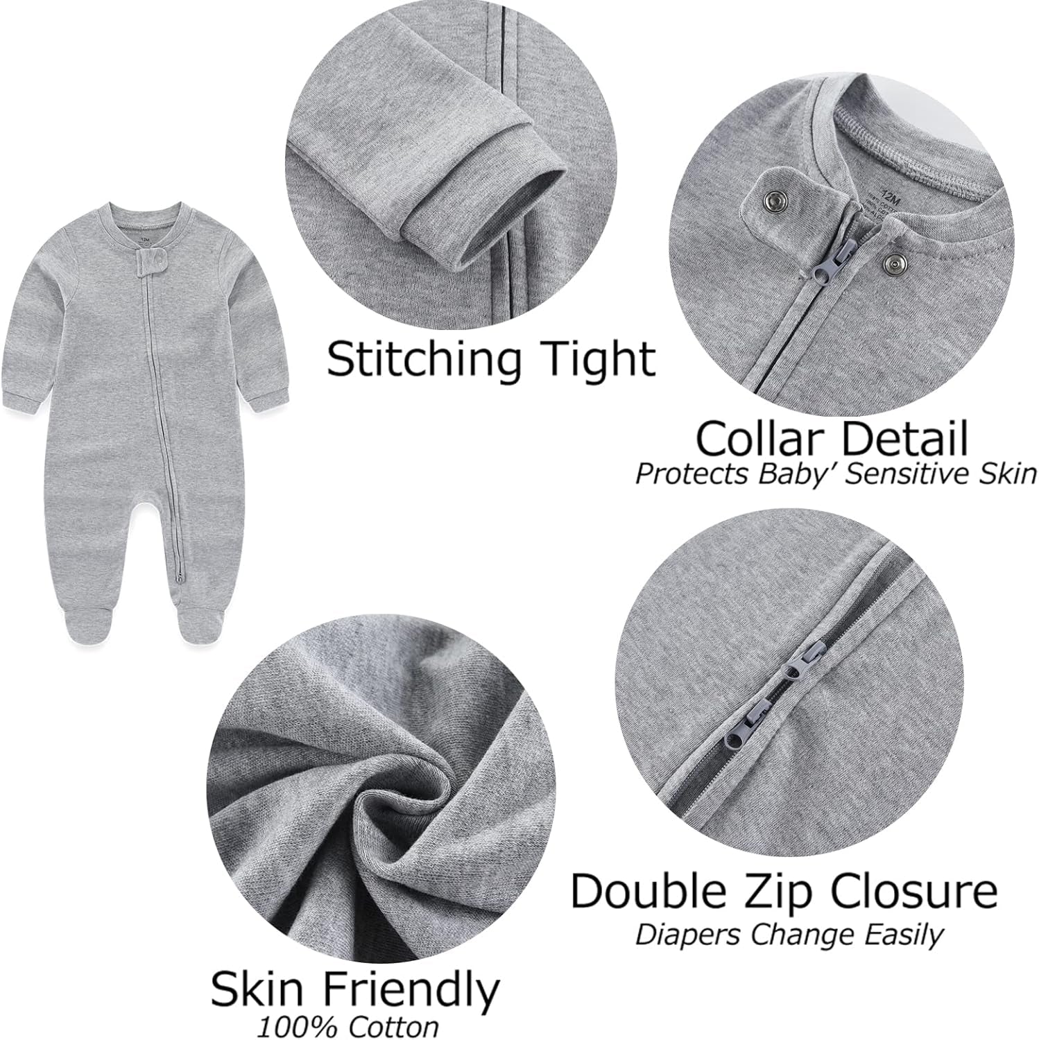 Baby Boy Girls Clothes 2-Way Zip Footed Bodysuit Long Sleeve 3-Pack Outfits 100% Cotton