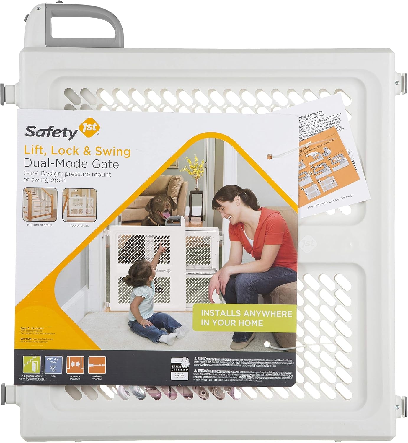 Lift, Lock and Swing Gate - Pressure or Hardware Installed, Fits Spaces between 28" and 42" Wide, 28" Tall, White