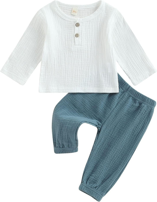 Baby Boy Girl Clothes Toddler Cotton Linen Outfit Muslin Long Sleeve T-Shirt Tops Pants Set