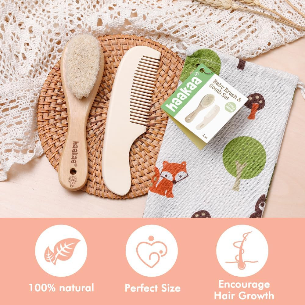 Baby Hair Brush and Comb Set & Pear-Fect Manicure Kit for Newborns & Toddlers, Natural Soft Goat Bristles and Wooden Handle, Baby Healthcare and Grooming Kit, Baby Nail Clippers, Pearl White