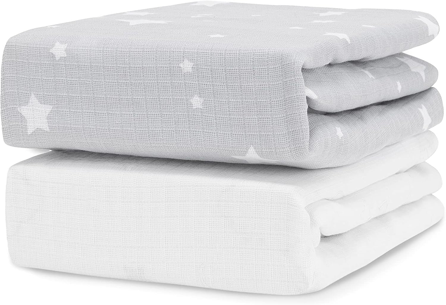 Organic Fitted Crib Sheet (2-Pack) - Ultra-Breathable and Soft, 100% Organic Muslin Cotton, Stardust Print in Twilight Grey + Solid White, Fits All Standard Cribs
