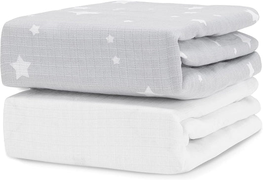 Organic Fitted Crib Sheet (2-Pack) - Ultra-Breathable and Soft, 100% Organic Muslin Cotton, Stardust Print in Twilight Grey + Solid White, Fits All Standard Cribs