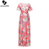 Chivry Maternity Dress Women Floral Print Short Sleeve V-Neck Maxi Long Dress Pregnant Casual Clothes Summer Maternity Dress