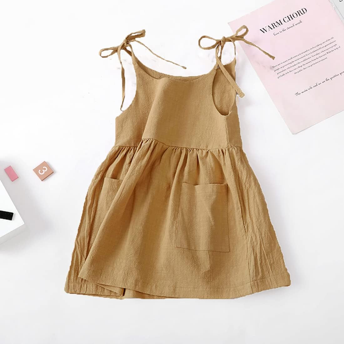 Toddler Girl Cotton Linen Solid Dress Sling Summer Casual Beach Girls Sundress with Pockets Overall Dress