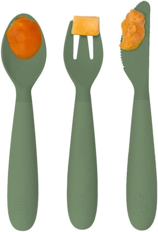 Happy Utensils (Olive) - 100% BPA Free Fork, Spoon & Knife for Toddlers + Preschoolers + Self-Feeding - Designed by a Pediatric Feeding Specialist - 24 Months+