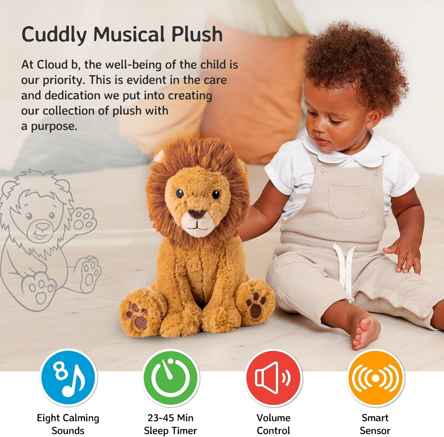 Sound Machine with White Noise Soothing Sounds | Cuddly Stuffed Animal | Adjustable Settings and Auto-Shutoff | Louis Lion Smart Sensor