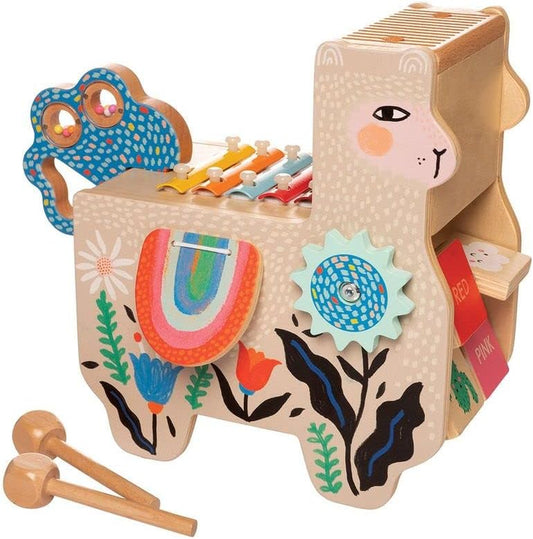 Musical Llama Wooden Instrument for Toddlers with Maraca, Clacking Saddlebags, Drumsticks, Washboard & Xylophone