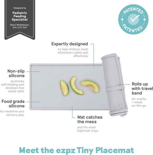 Tiny Placemat - Non-Slip, 100% Silicone Placemat That Fits on Most Highchair - Rolls-Up - Dishwasher Safe - 4 Months+ (Pewter)
