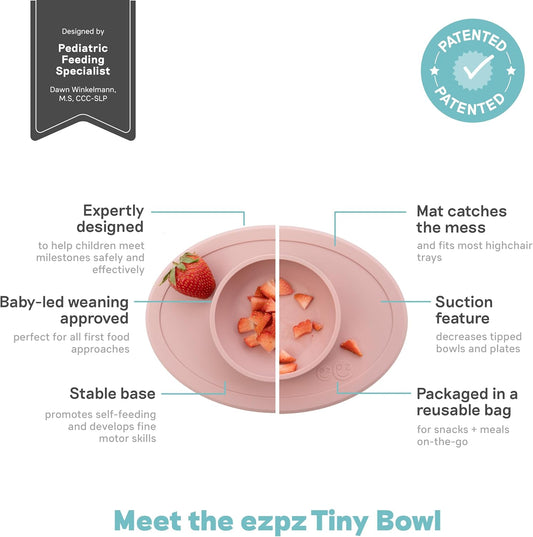 Tiny Bowl - 100% Silicone Suction Bowl with Built-In Placemat for First Foods + Baby Led Weaning - Fits on All Highchair Trays - 4 Months+ (Blush)