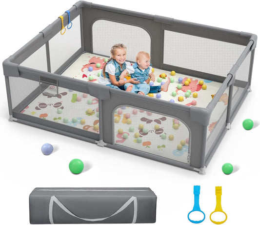 Baby Playpen, 71"X59" Extra Large Playard for Babies and Toddlers, Baby Activity Center with 8 Suction Cup Bases, Infants Play Pen with 2 Gates and Soft Breathable Mesh, without Mat