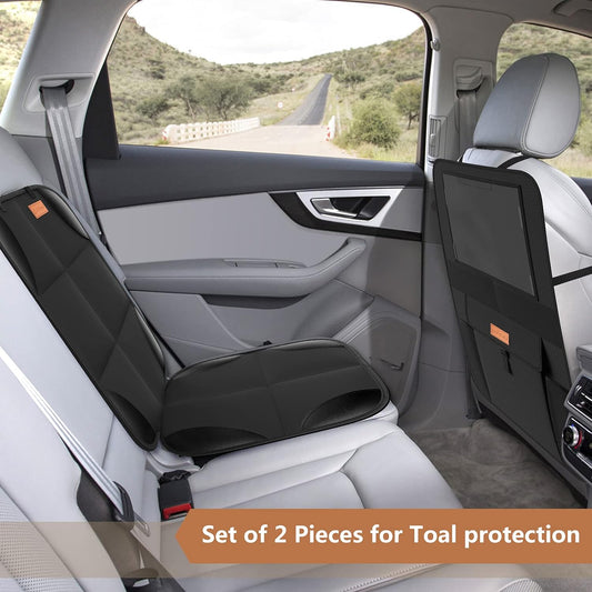 Car Seat Protector + Backseat Car Organizer Kick Mat, Large & Waterproof 600D Fabric Child Auto Carseat Protectors Saver for Baby Sit with Storage Pockets for Leather and Fabric Car Seat