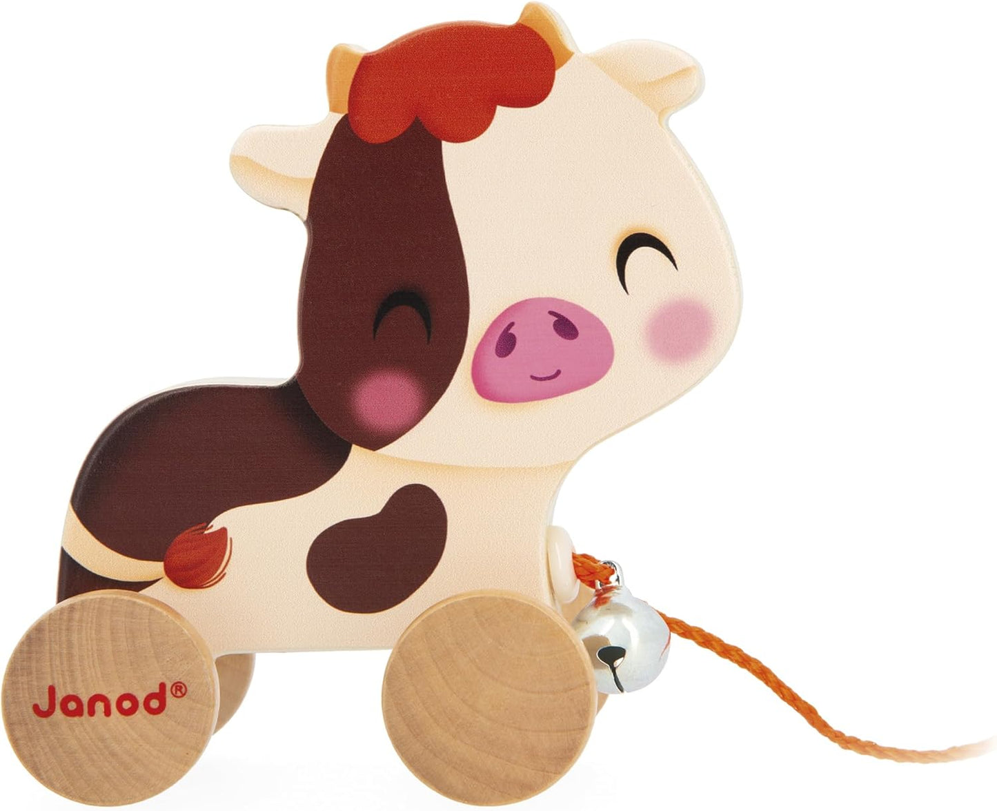 J03324 Wooden Running Cow with Bell Learning Toy for Pulling and Pushing Motor Skills and Imagination Learning Cord 50 Cm Suitable for Small Hands Fsc-Certified from 12 Months