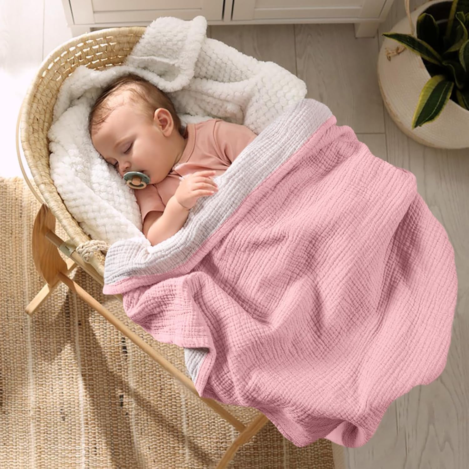 Muslin Baby Blanket - Cotton Quilt Blankets for Toddlers - Reversible Nursery Crib Blanket for Baby Boys and Girls 47"X47"(Pink)
